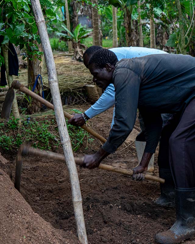 Deux membres de l'équipe remuent le compost, une étape essentielle à sa maturation.